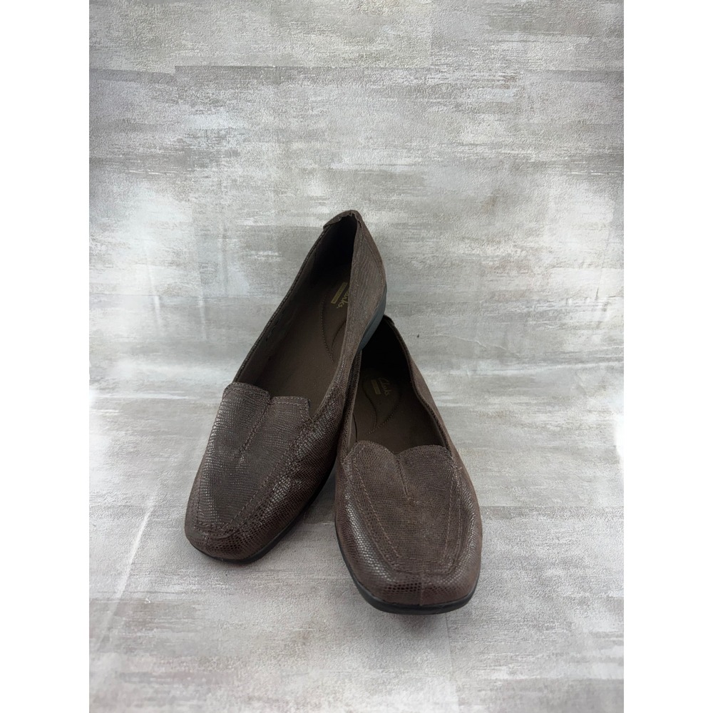Clarks Collection Brown Snakeskin Embossed Leather Loafers Flats Women Sz 10M